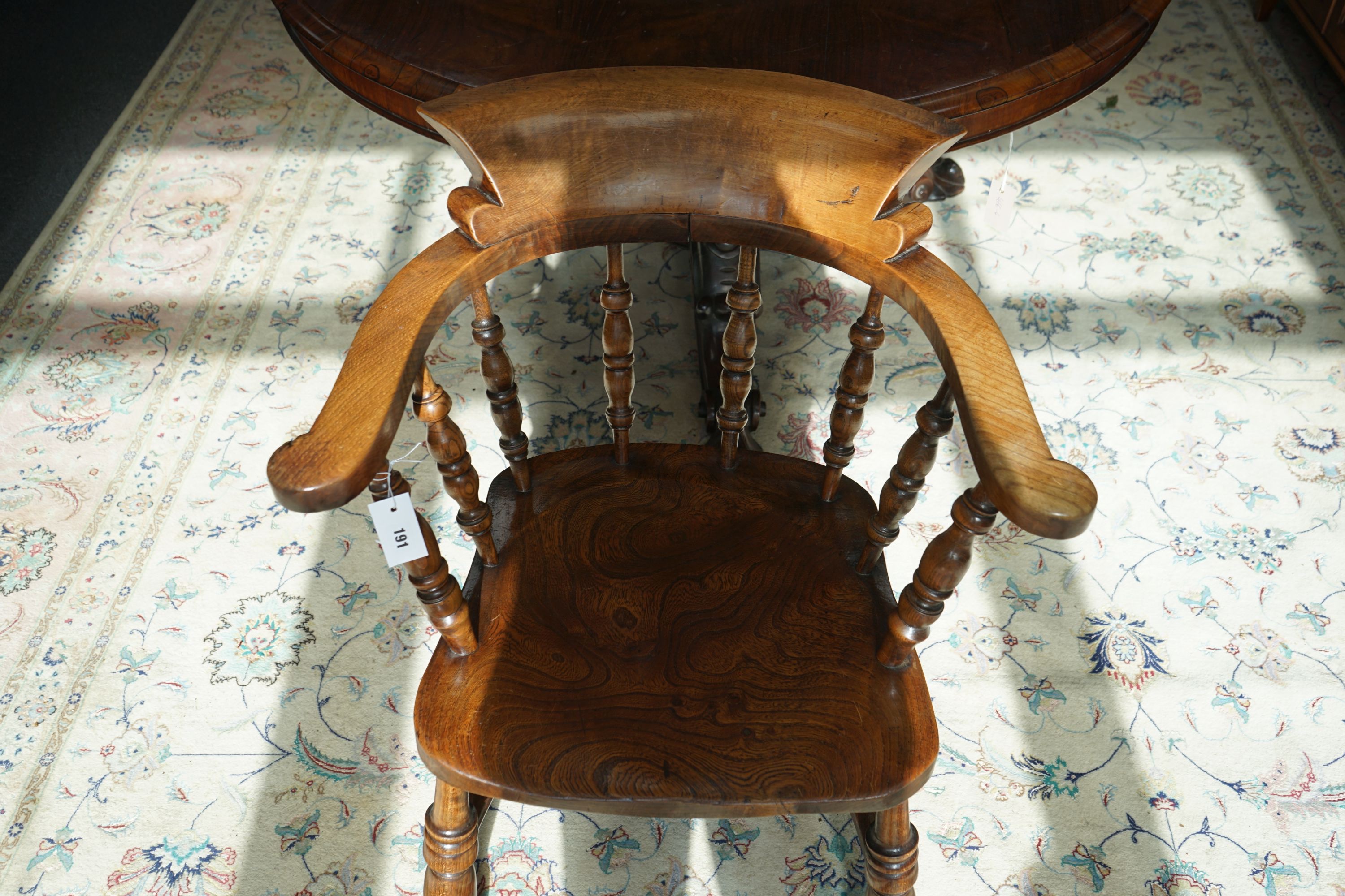 A Victorian elm and beech smoker's bow chair, W 64, D 48, H 82 cm.